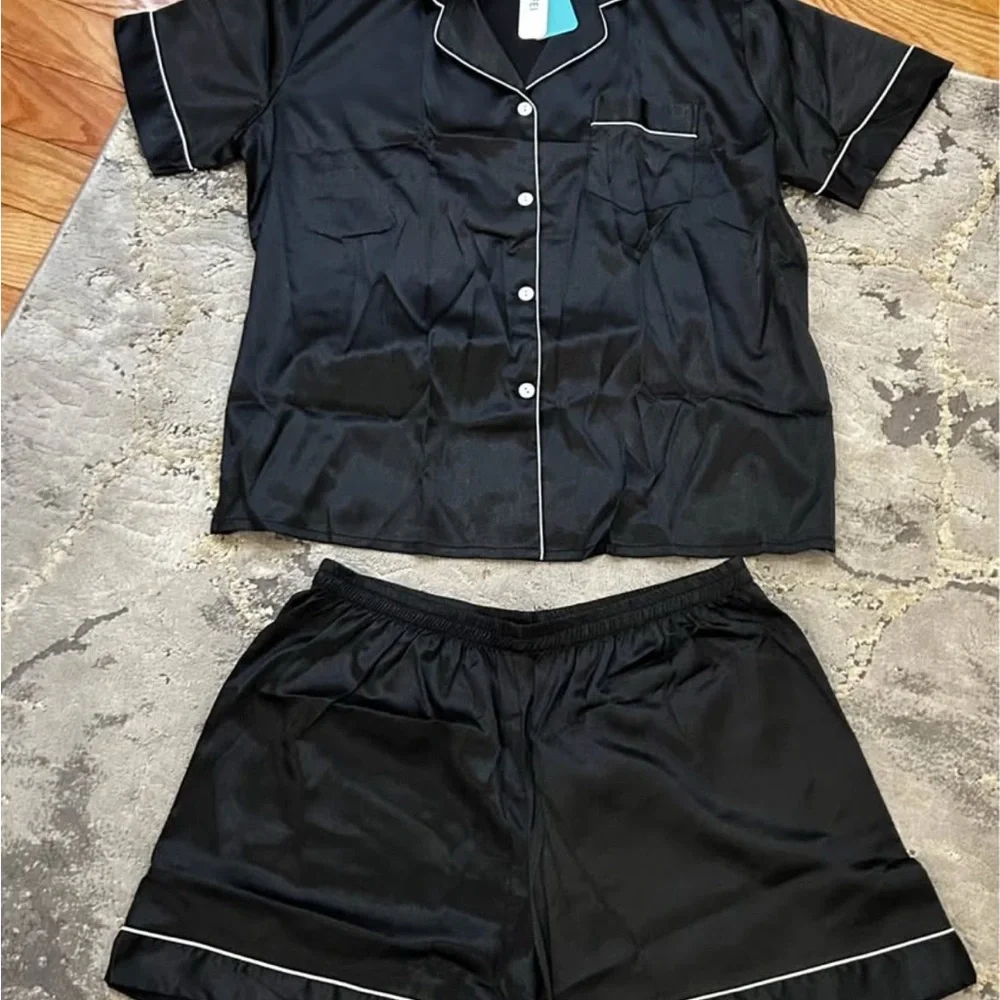 Black Satin Women's Pajama Set - Picture 4 of 5